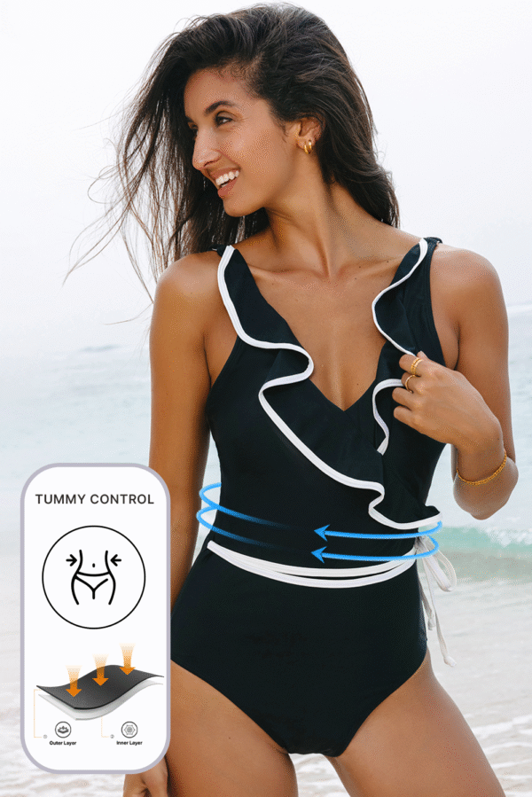 Black Color Contrast Ruffled Wrap V Neck Swimsuit - Image 3