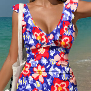Blue Floral Ruffle Trim V Neck Lace-up Back Tummy Control One Piece Swimsuit