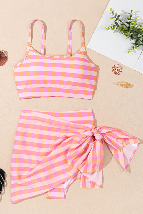 Pink 3pcs Gingham High Waist Bikini & Sarong - Image 11