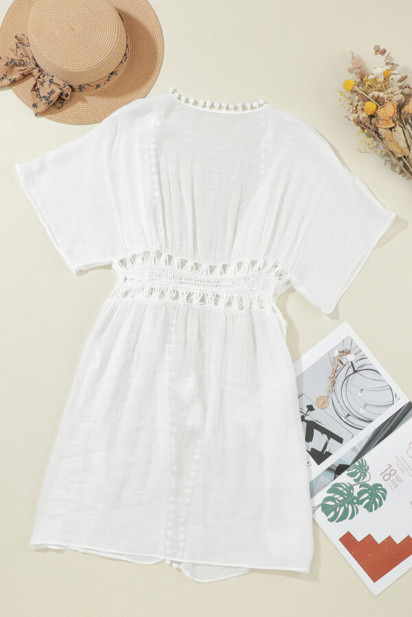 White Pom Pom Trim Drawstring Crochet Waist Beach Kimono - Image 14