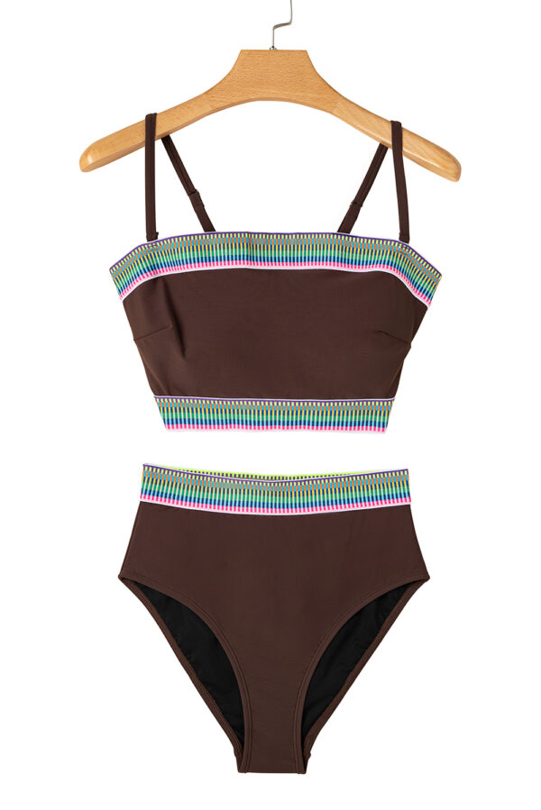 Coffee Contrast Banding Tube Bikini High Waist 2pcs Swimsuit - Image 25