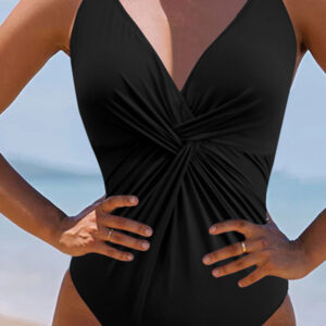 Black V Neck Twist Ruched Crisscross Backless One-Piece Swimsuit