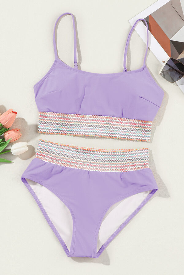 Orchid Petal Striped Patchwork Spaghetti Strap High Waist Bikini Swimsuit - Image 8