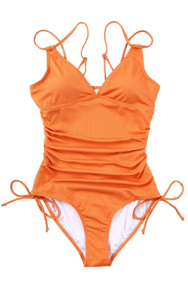 Orange Adjustable Straps Ribbed Knit One Piece Swimsuit - Image 7