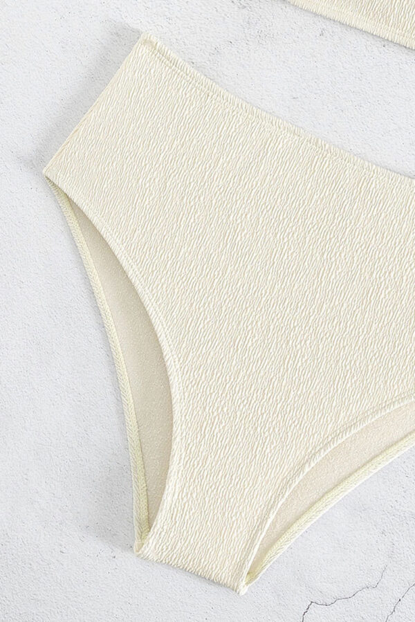 Beige Textured Ruffled Square Neck High Waist Swimsuit - Image 3
