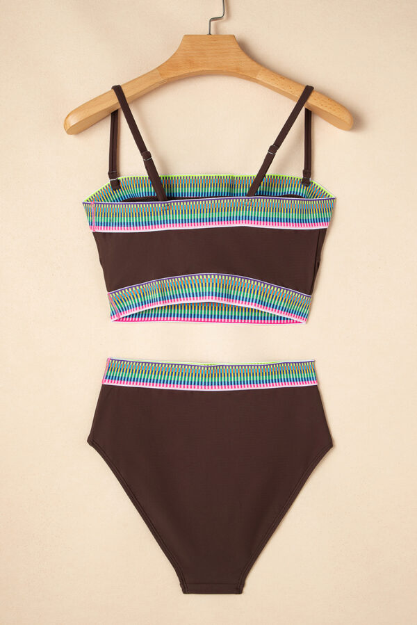 Coffee Contrast Banding Tube Bikini High Waist 2pcs Swimsuit - Image 13