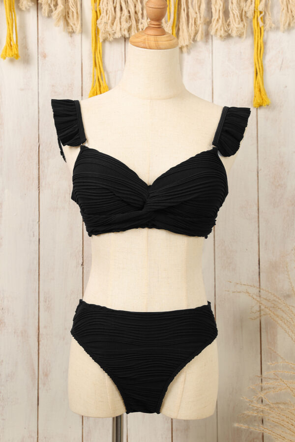 Black Wavy Textured Ruffled Straps Twist Bikini Swimsuit - Image 2