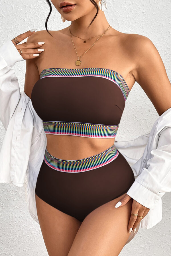 Coffee Contrast Banding Tube Bikini High Waist 2pcs Swimsuit - Image 6