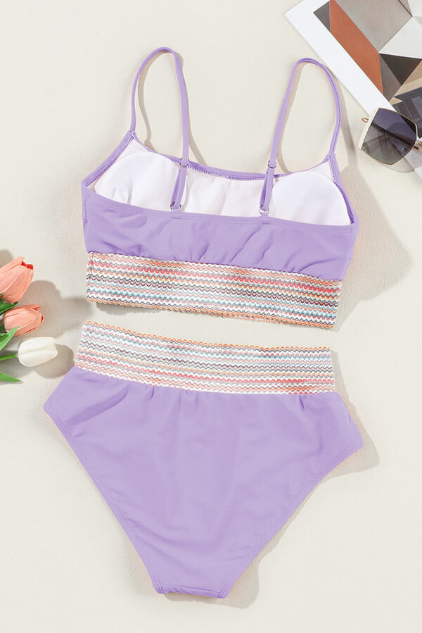 Orchid Petal Striped Patchwork Spaghetti Strap High Waist Bikini Swimsuit - Image 9
