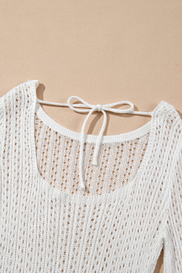 White Hollowout Knit Bell Sleeve Drawstring Short Beach dress - Image 20
