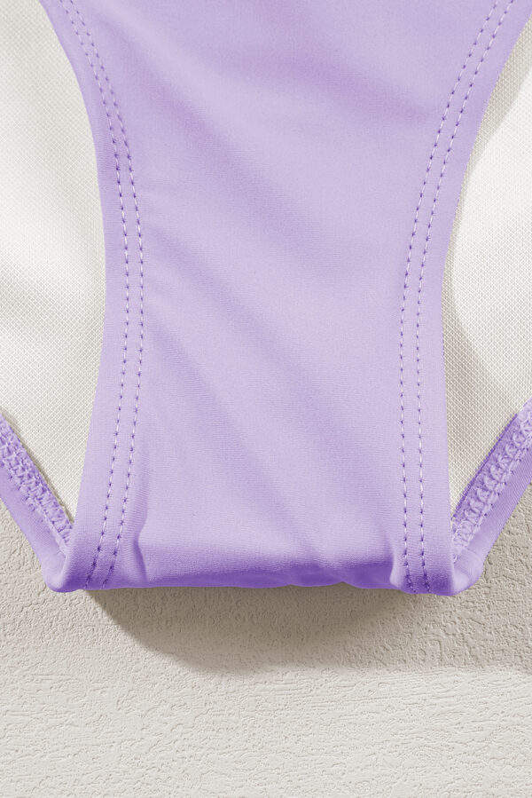 Orchid Petal Striped Patchwork Spaghetti Strap High Waist Bikini Swimsuit - Image 14