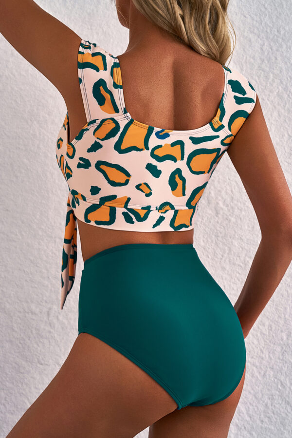 Green Leopard Print U Neck Knotted High Waist Bikini Set - Image 2