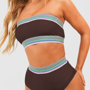 Coffee Contrast Banding Tube Bikini High Waist 2pcs Swimsuit