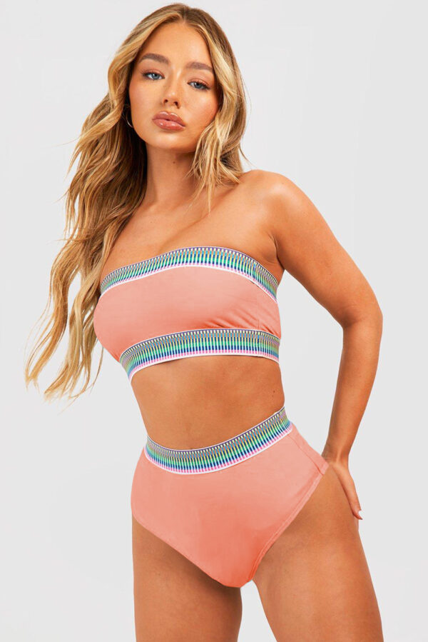 Peach Blossom Contrast Banding Tube Bikini High Waist 2pcs Swimsuit - Image 3