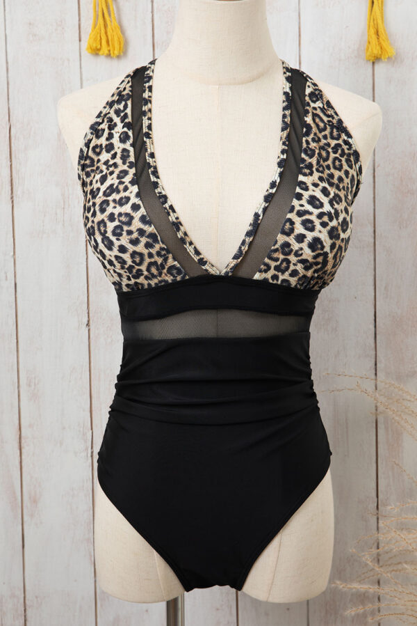 Brown Leopard Mesh Insert V Neck High Waist Monokini - Image 2
