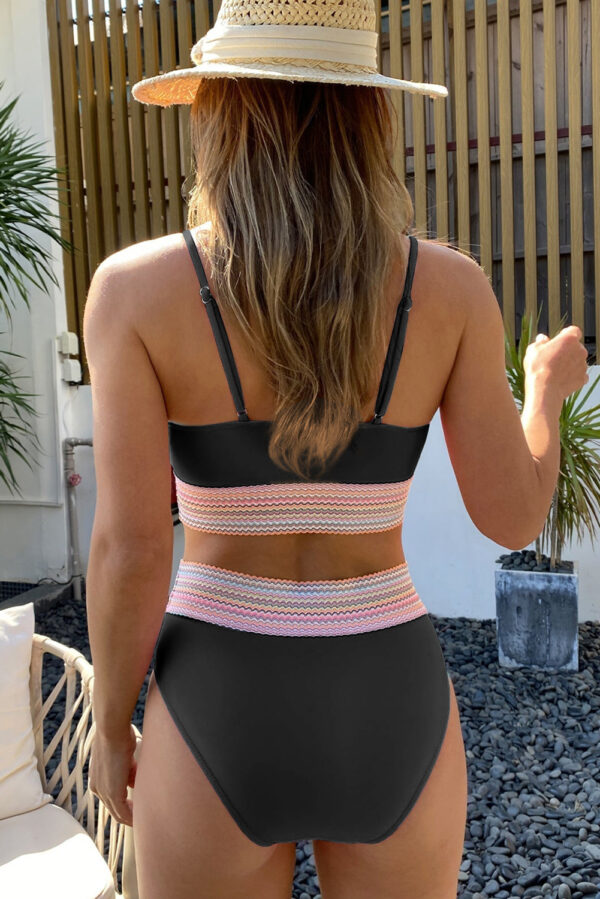 Black Striped Patchwork Spaghetti Strap High Waist Bikini Swimsuit - Image 2