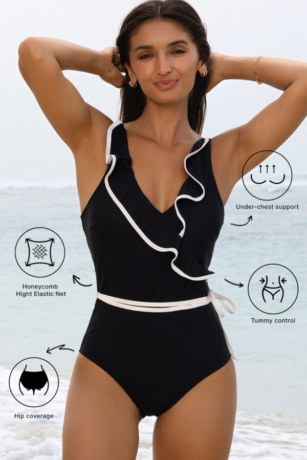 Black Color Contrast Ruffled Wrap V Neck Swimsuit - Image 2