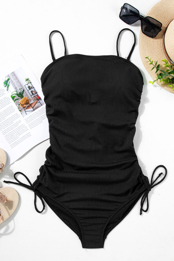 Black Ribbed Drawstring Sides Cutout One Piece Swimsuit - Image 3