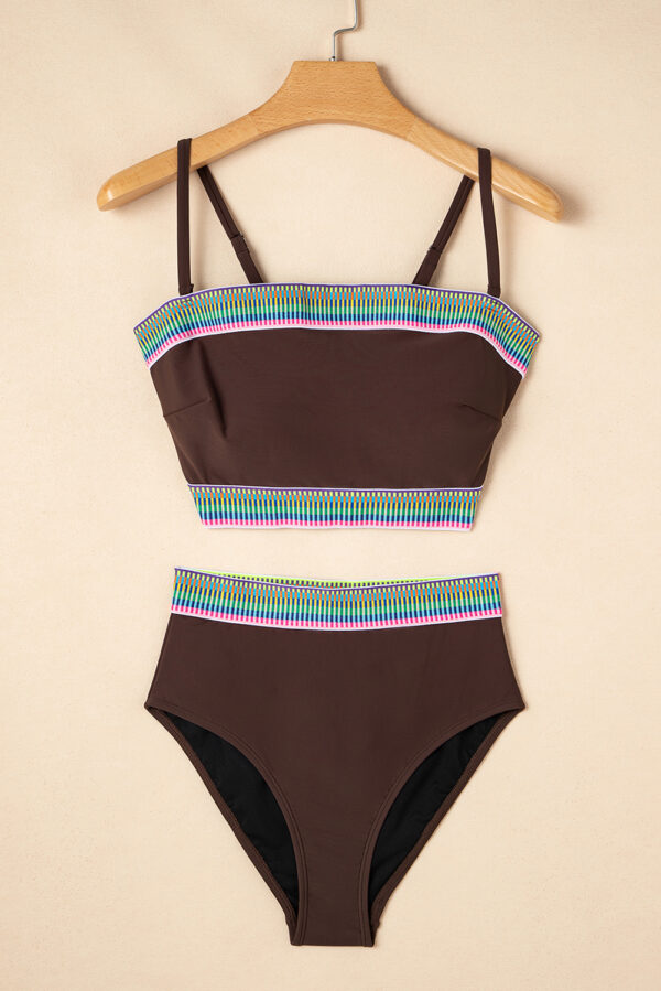 Coffee Contrast Banding Tube Bikini High Waist 2pcs Swimsuit - Image 12