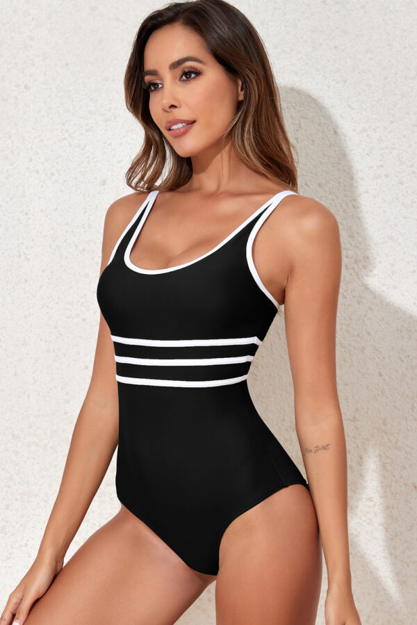 Black Contrast Trim Colorblock U Neck One Piece Swimwear - Image 3