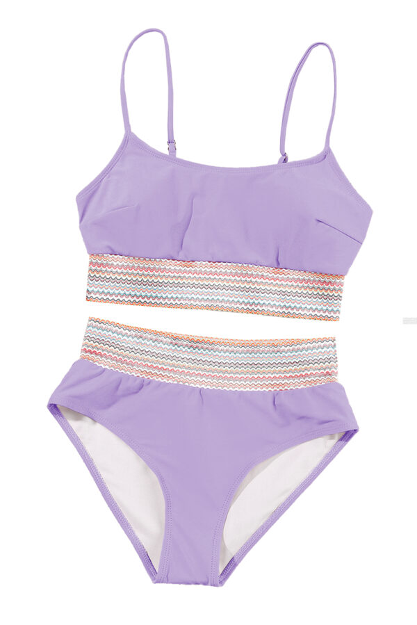 Orchid Petal Striped Patchwork Spaghetti Strap High Waist Bikini Swimsuit - Image 18