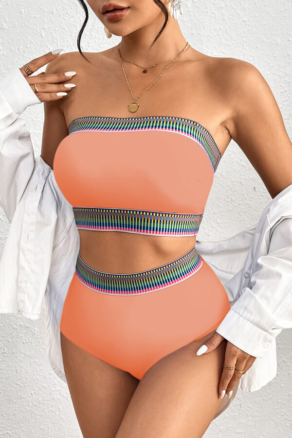 Peach Blossom Contrast Banding Tube Bikini High Waist 2pcs Swimsuit - Image 12