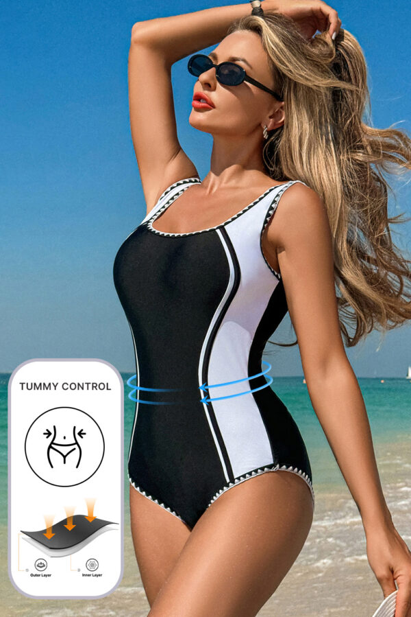 Black Color Block Ric Rac Trim U Neck One Piece Swimsuit - Image 2