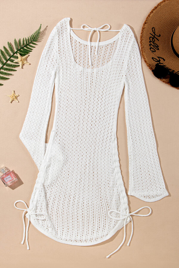 White Hollowout Knit Bell Sleeve Drawstring Short Beach dress - Image 17