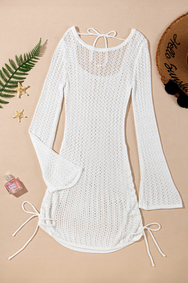 White Hollowout Knit Bell Sleeve Drawstring Short Beach dress - Image 18