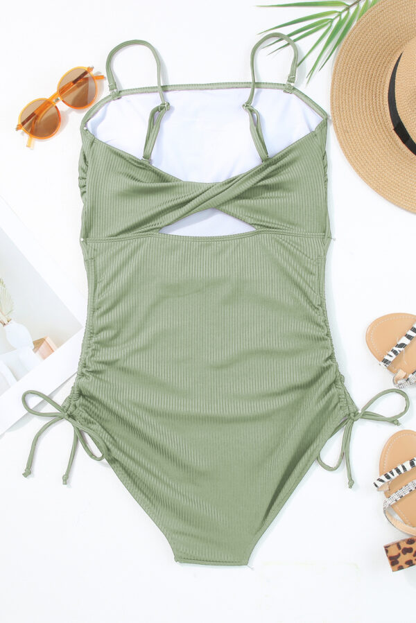 Laurel Green Ribbed Drawstring Sides Cutout One Piece Swimsuit - Image 12