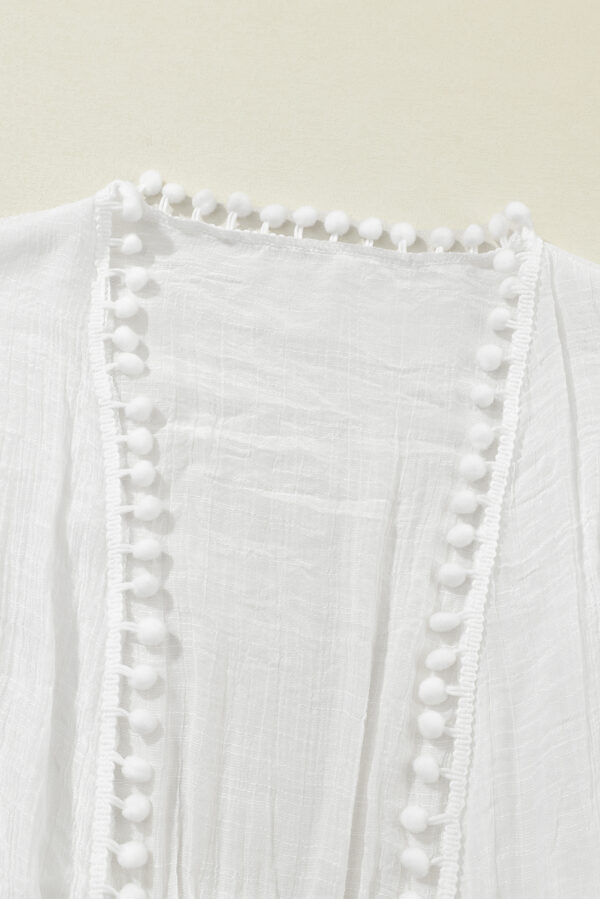 White Pom Pom Trim Drawstring Crochet Waist Beach Kimono - Image 15