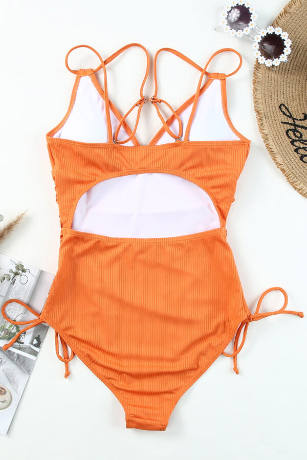 Orange Adjustable Straps Ribbed Knit One Piece Swimsuit - Image 8