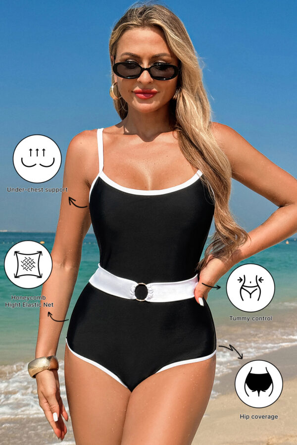 Black Contrast Trim Two Tone Belted One Piece Swimsuit - Image 2