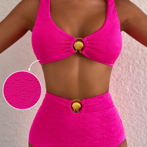 Rose Red Gold Shell Decor Wire-free Knotted 2pcs Bikini Swimsuit