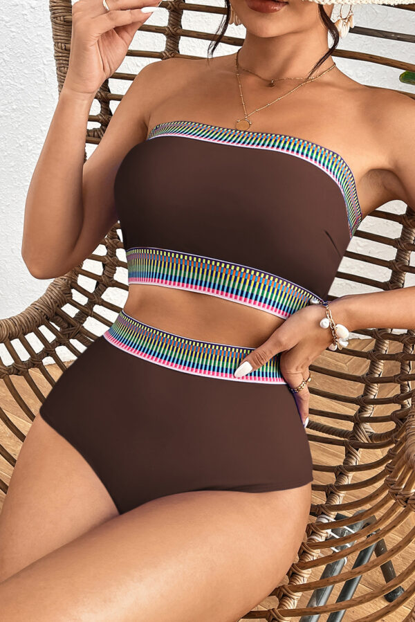 Coffee Contrast Banding Tube Bikini High Waist 2pcs Swimsuit - Image 4