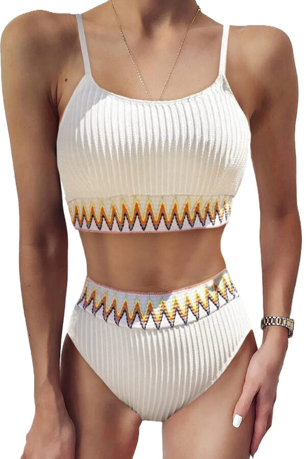 White Textured Contrast Banding Bikini High Waist 2pcs Swimsuit - Image 12