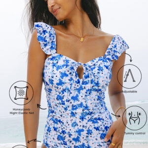 Blue Floral Ruffled Strap Lace-up Hollow Out One Piece Swimsuit