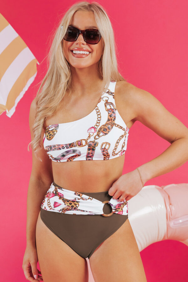 Khaki Abstract Print One Shoulder Ring Linked High Waist Bikini - Image 3