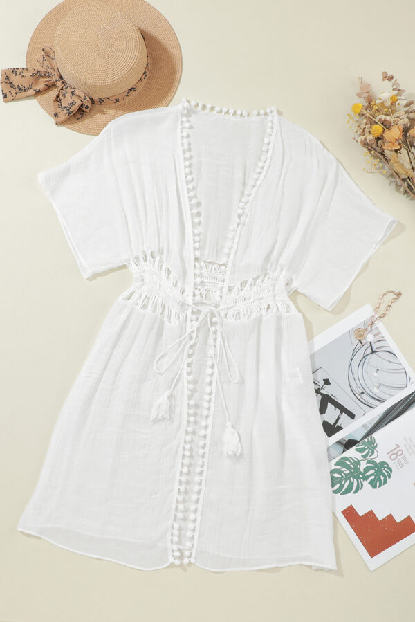 White Pom Pom Trim Drawstring Crochet Waist Beach Kimono - Image 13