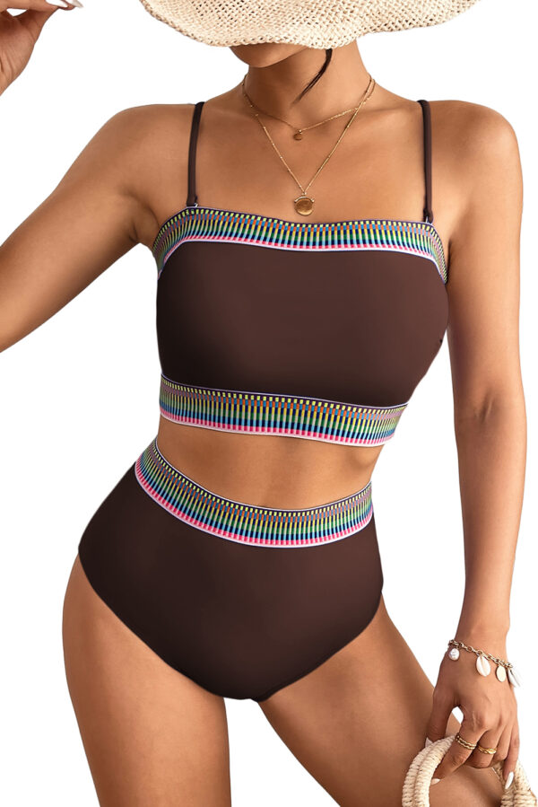 Coffee Contrast Banding Tube Bikini High Waist 2pcs Swimsuit - Image 24