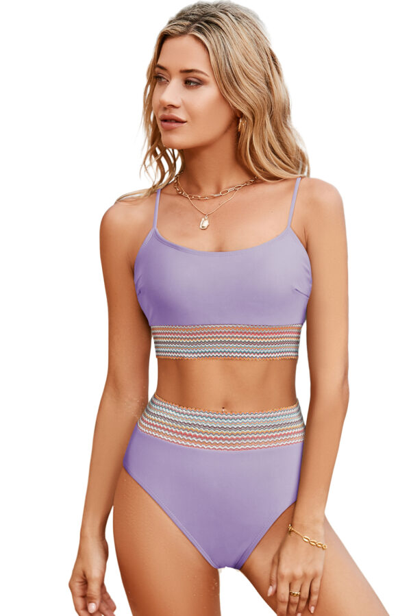 Orchid Petal Striped Patchwork Spaghetti Strap High Waist Bikini Swimsuit - Image 17