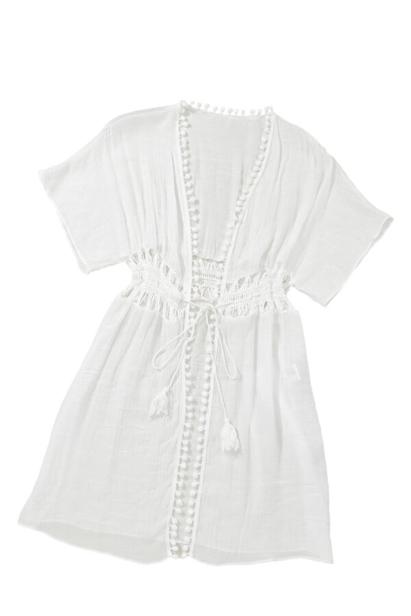 White Pom Pom Trim Drawstring Crochet Waist Beach Kimono - Image 22