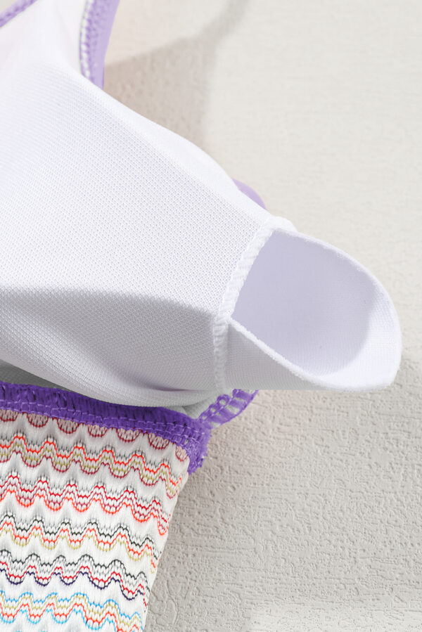 Orchid Petal Striped Patchwork Spaghetti Strap High Waist Bikini Swimsuit - Image 13