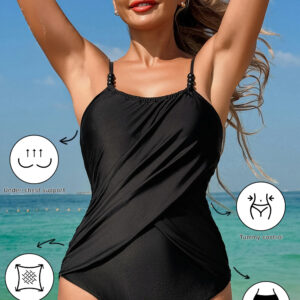 Black Beaded Spaghetti Straps Ruched Overlapped Colorblock One Piece Swimsuit