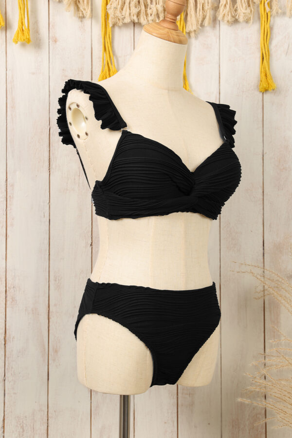 Black Wavy Textured Ruffled Straps Twist Bikini Swimsuit - Image 3