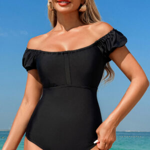 Black Elastic Neckline Short Sleeve One Piece Swimsuit