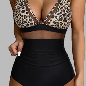 Brown Leopard Mesh Insert V Neck High Waist Monokini