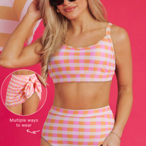 Pink 3pcs Gingham High Waist Bikini & Sarong