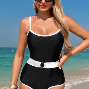 Black Contrast Trim Two Tone Belted One Piece Swimsuit