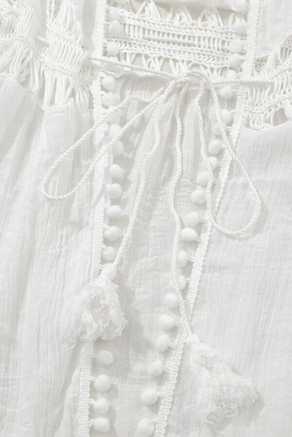 White Pom Pom Trim Drawstring Crochet Waist Beach Kimono - Image 17